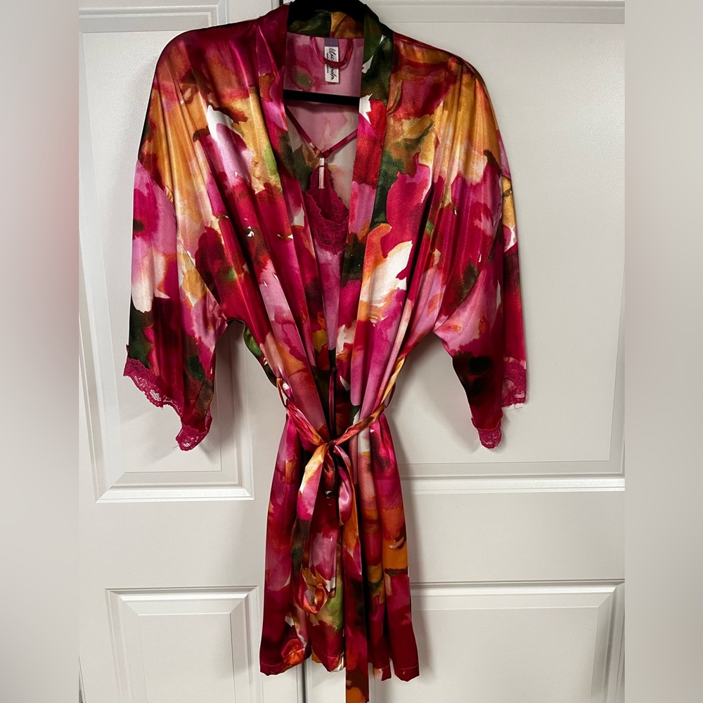 Floral Satin Kimono Robe and Cami Set